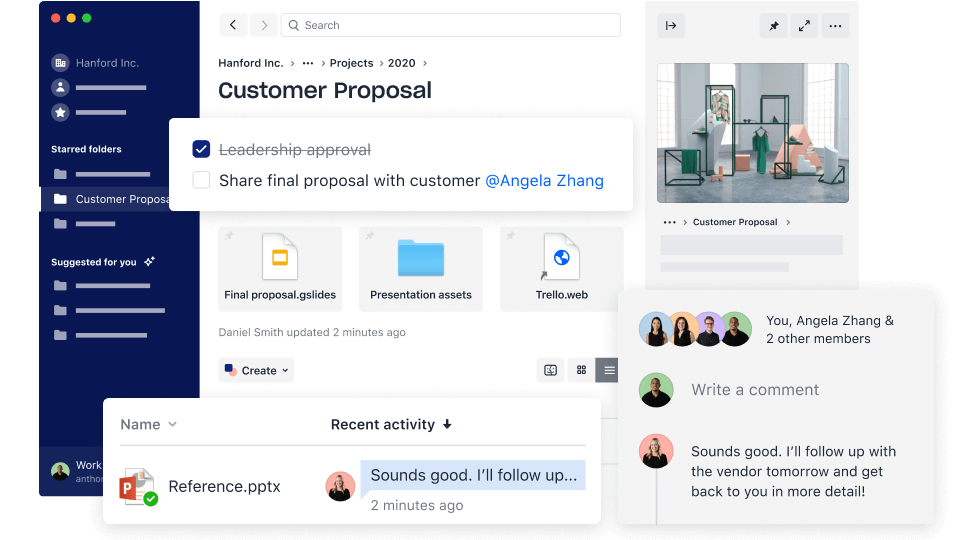 Multiple screens of different Dropbox interfaces for collaboration, such as adding comments and using to-do lists.