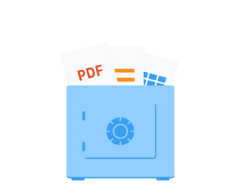 PDF and other file type icons protrude from inside a blue safe.