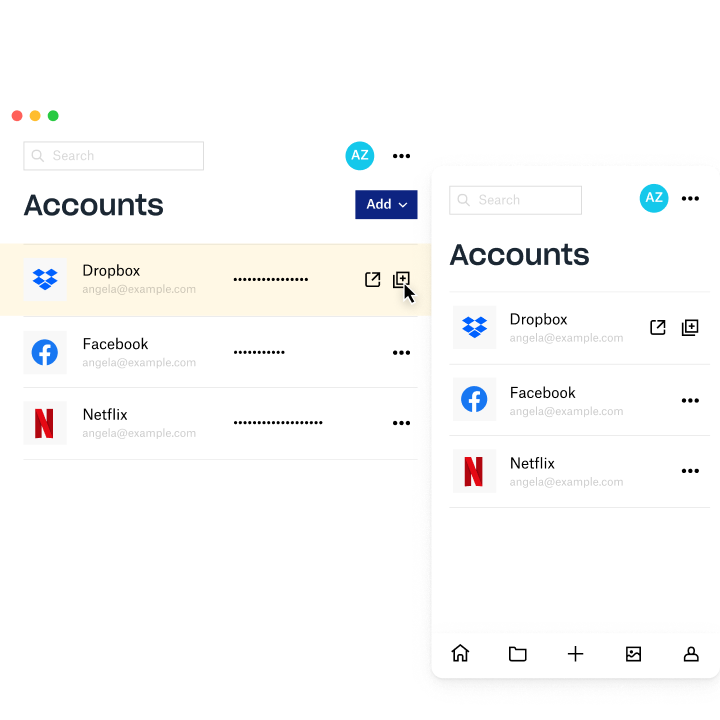 Dropbox Passwords manager screen showing account information for Dropbox, Facebook, and Netflix