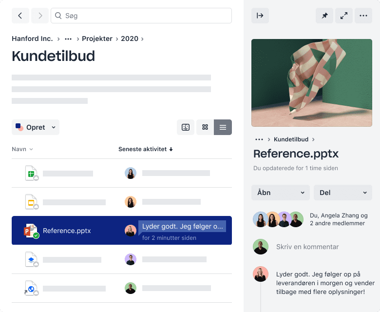 En Dropbox-mappe, der indeholder filer og seneste aktiviteter fra samarbejdspartnere.
