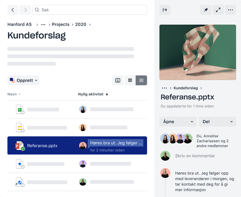 En Dropbox-mappe med filer og nylig aktivitet fra samarbeidspartnere.