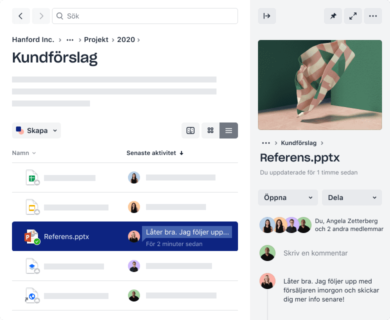 En Dropbox-mapp med filer och senaste aktivitet från andra användare.