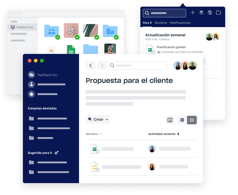 Interfaces de Dropbox para organizar archivos y carpetas, programar reuniones y añadir archivos adjuntos.