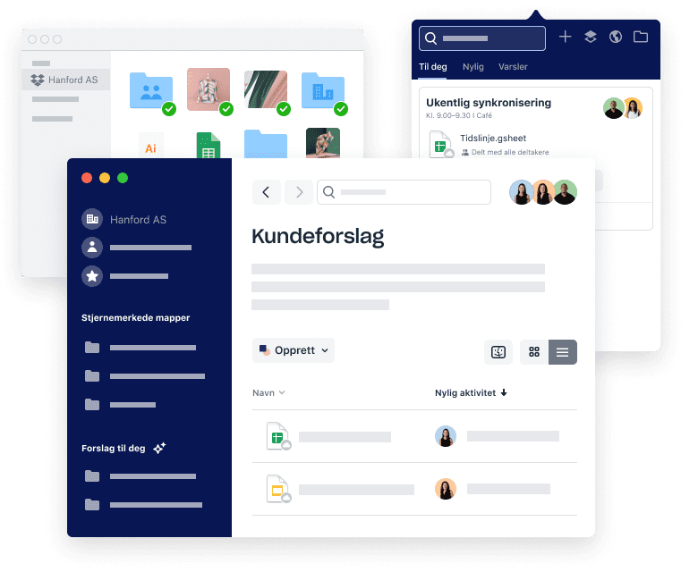 Dropbox-grensesnitt for fil- og mappeorganisering, planlegging av møter og for å legge til vedlegg.