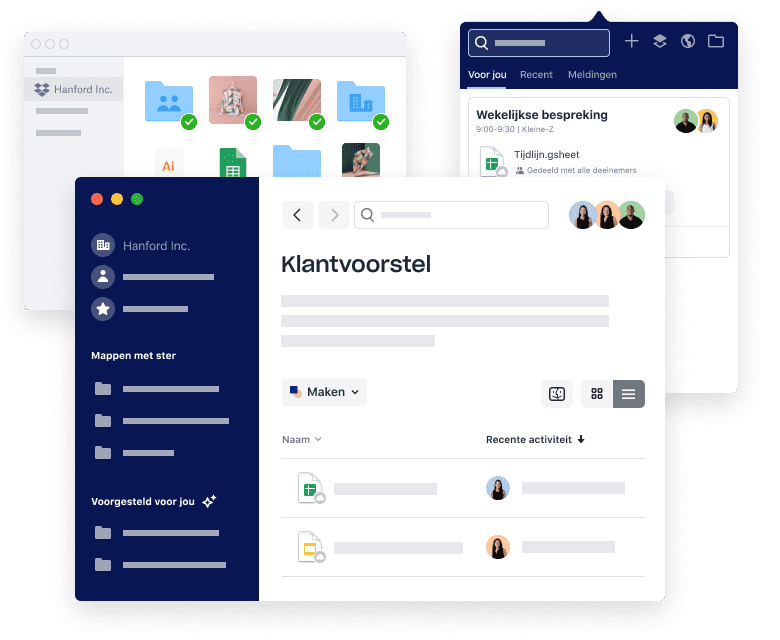 Dropbox-interfaces voor het ordenen van bestanden en mappen, het plannen van vergaderingen en het toevoegen van bijlagen.