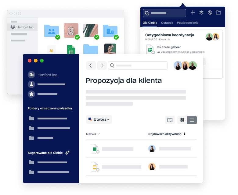 Interfejsy Dropbox do organizowania plików i folderów, planowania spotkań oraz dodawania załączników.