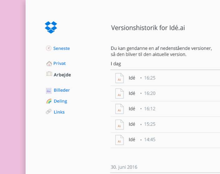 Venstreklik på filer i Dropbox for at bruge versionsstyring og se filhistorik