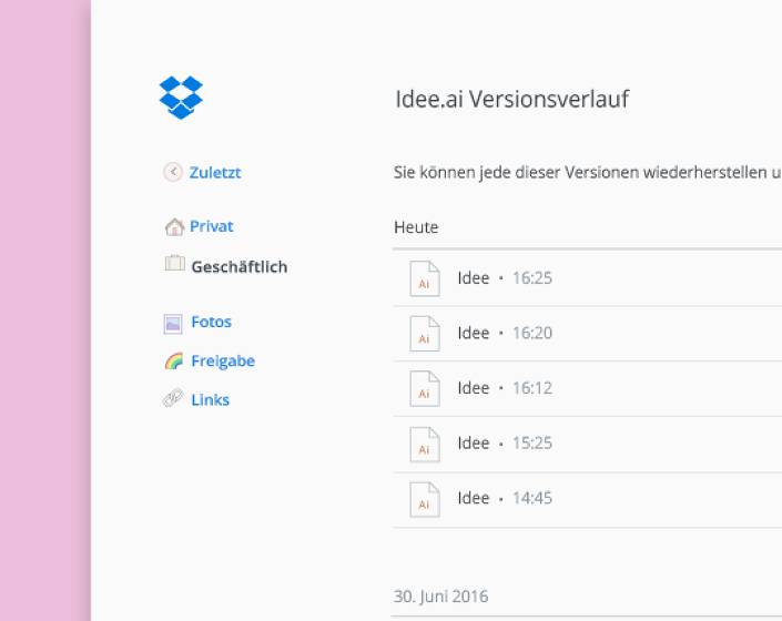 Durch Klicken auf Dateien in Dropbox können Sie die Version prüfen und den Versionsverlauf abrufen
