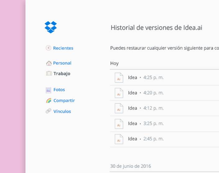 Haz clic con el botón izquierdo en los archivos de Dropbox para controlar las versiones y visualizar el historial
