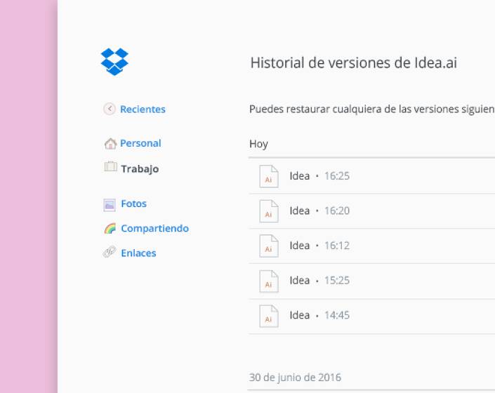 Haz clic con el botón izquierdo del ratón en archivos de Dropbox para acceder al control de versiones y ver el historial