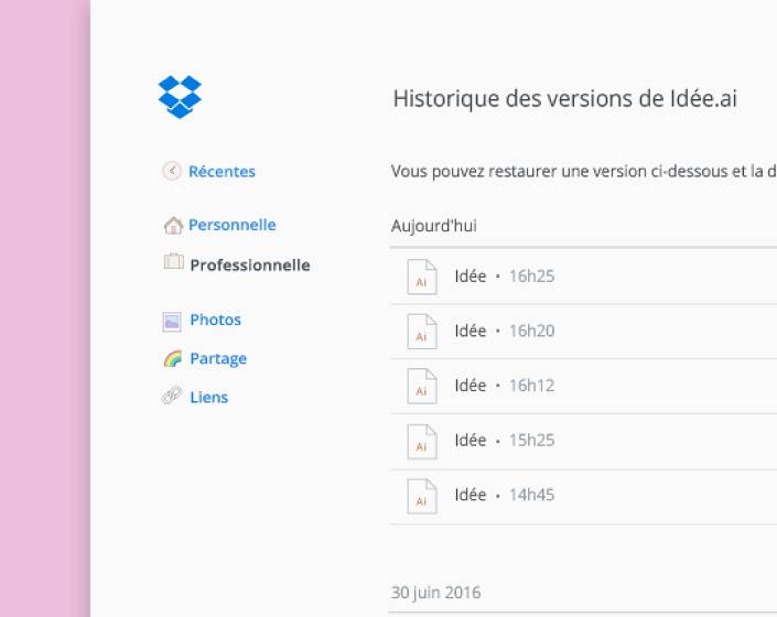 Clic sur les fichiers dans Dropbox pour un contrôle des versions et un historique des consultations