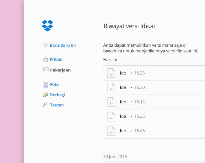 Klik kiri pada file di Dropbox untuk kontrol versi dan lihat riwayat.