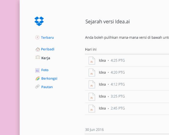 Klik kiri fail dalam Dropbox untuk kawalan versi dan melihat sejarah