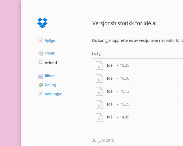 Venstreklikk på filer i Dropbox for å få versjonskontroll og vise historikk