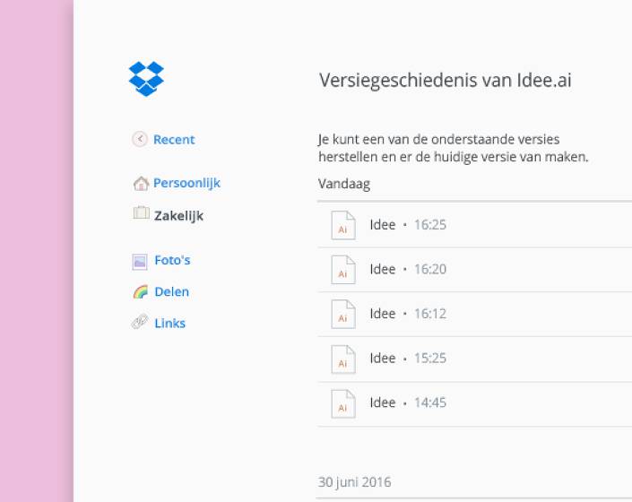Met de linkermuisknop klikken op bestanden in Dropbox voor versiebeheer en weergavegeschiedenis