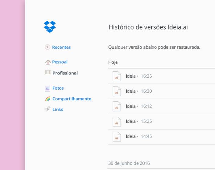 Clique com o botão esquerdo num arquivo no Dropbox para acessar o histórico e controle de versões