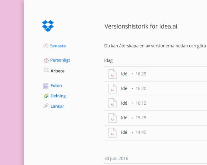 Vänsterklicka på filer i Dropbox för versionskontroll och visa historik