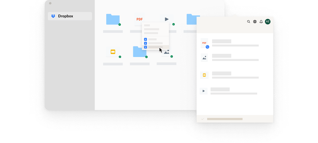 Dropbox 桌面用戶端的示意圖，上面有許多重疊的工具提示資訊。