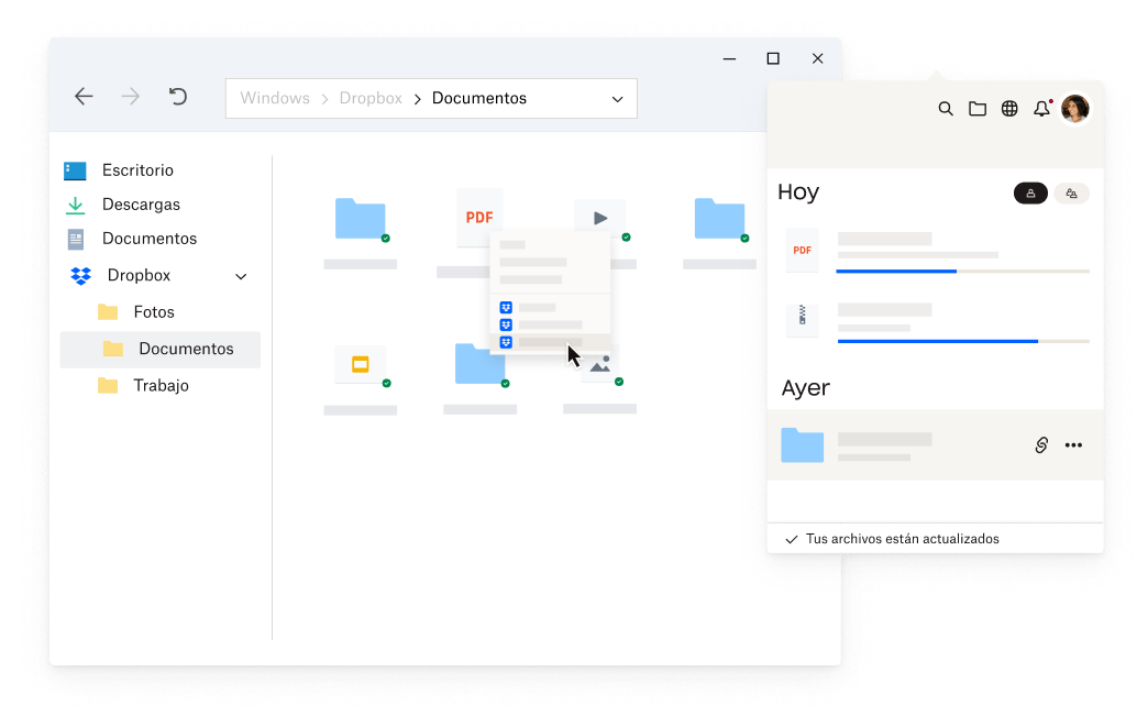 Una vista abstracta del cliente de Dropbox para escritorio, con mensajes explicativos superpuestos.