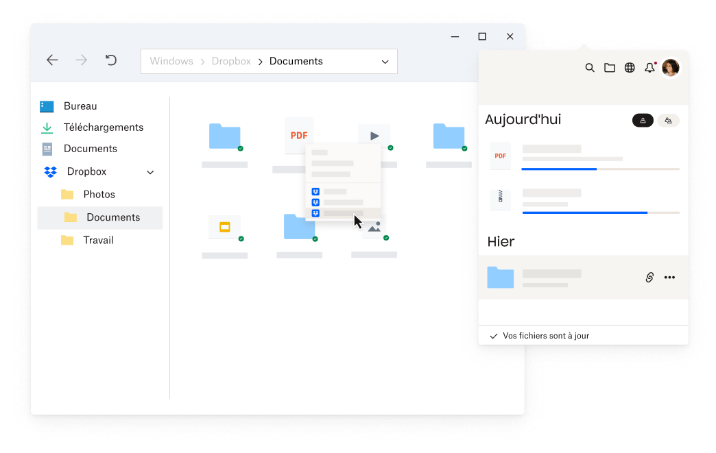 Vue abstraite du client de bureau Dropbox sur laquelle apparaissent des info-bulles.