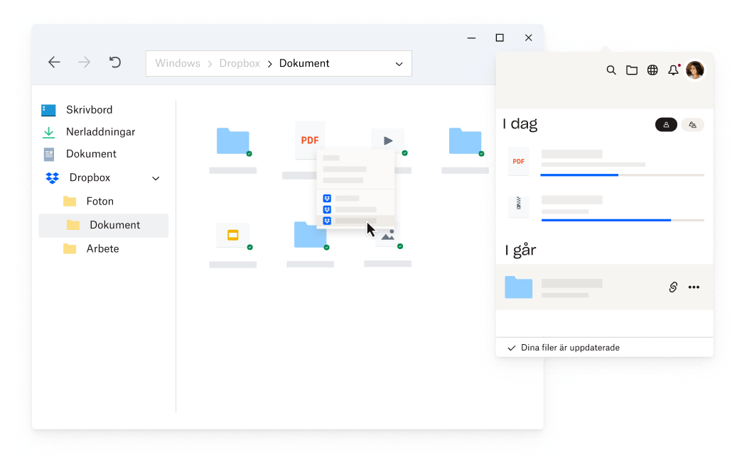 En abstrakt vy av Dropbox-klienten, med informativa verktygstips överst.